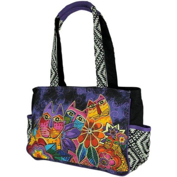 Laurel Burch LB5842 Laurels Garden Cat Floral Medium Pocket Tote - Picture 2 of 3
